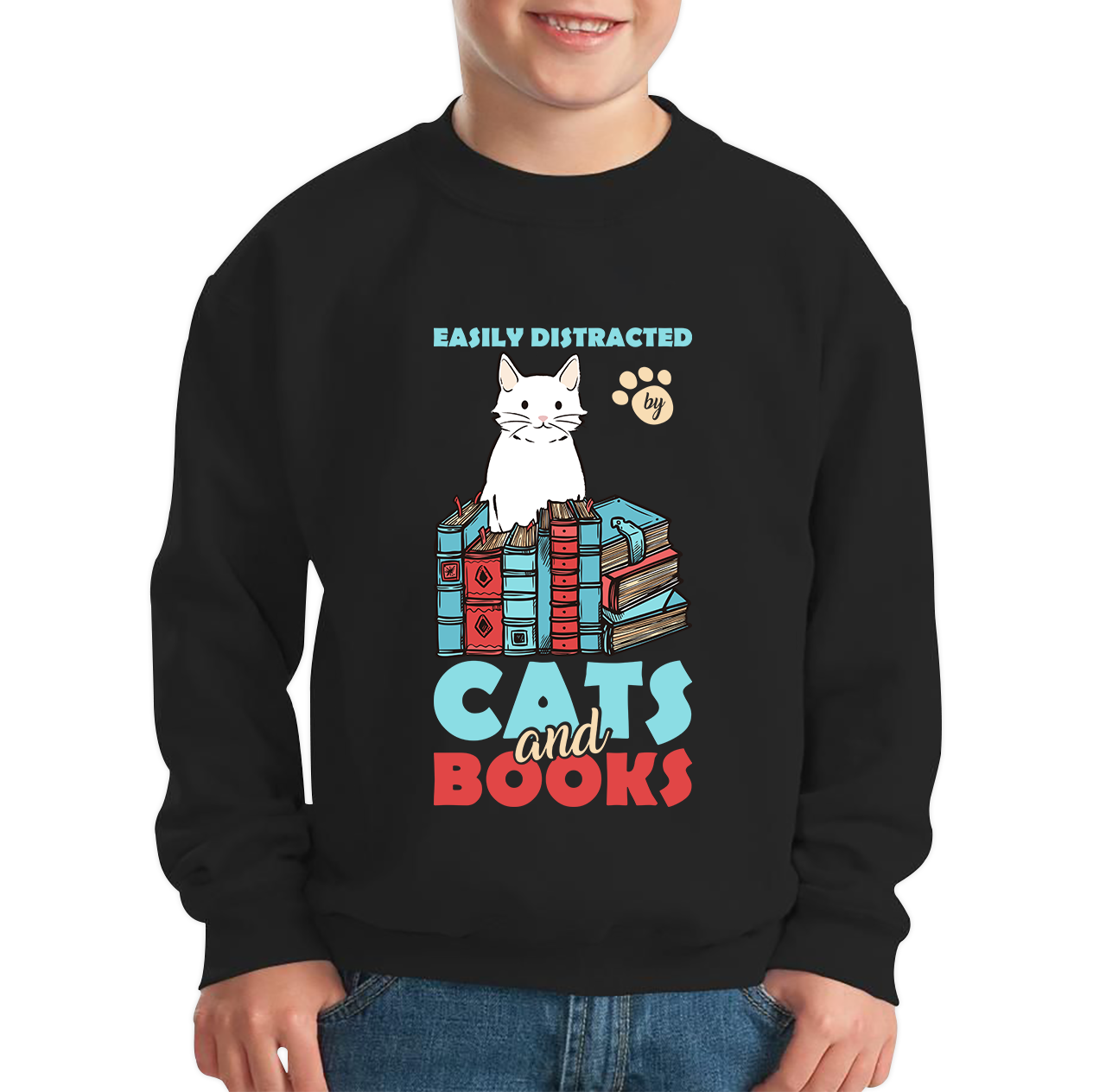 Easily Distracted By Cats And Books Funny Cat Book Reading Quote Kids Jumper