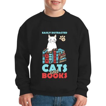 Easily Distracted By Cats And Books Funny Cat Book Reading Quote Kids Jumper