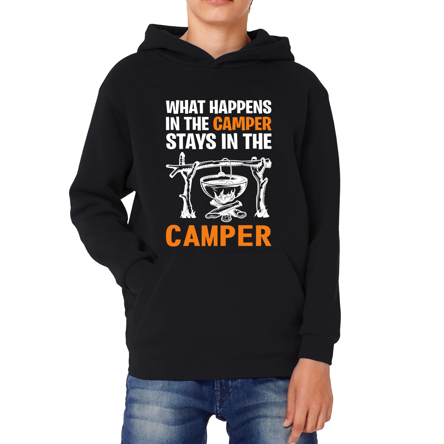 What Happens In The Camper Stays In The Camper Funny Camping Camper Adventure Lover Kids Hoodie