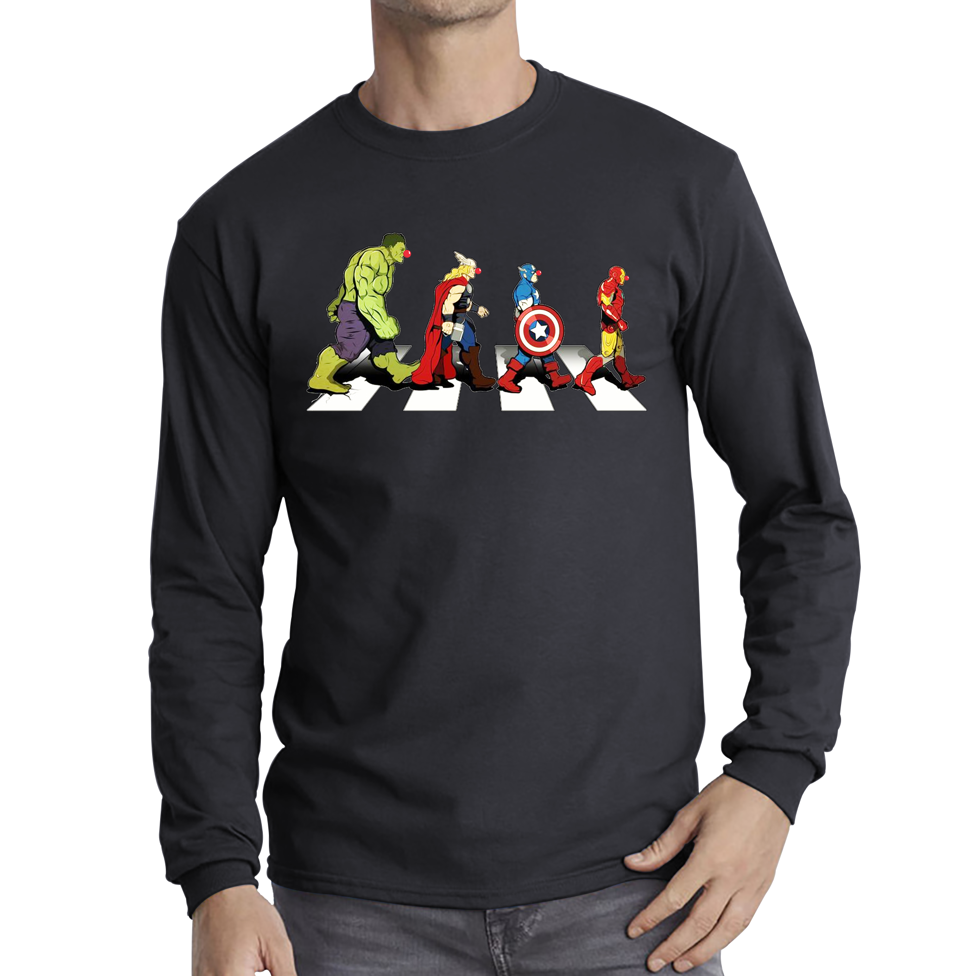 Hulk Thor Captain America Iron Man Marvel Avengers Abbey Road Red Nose Day Adult Long Sleeve T Shirt. 50% Goes To Charity