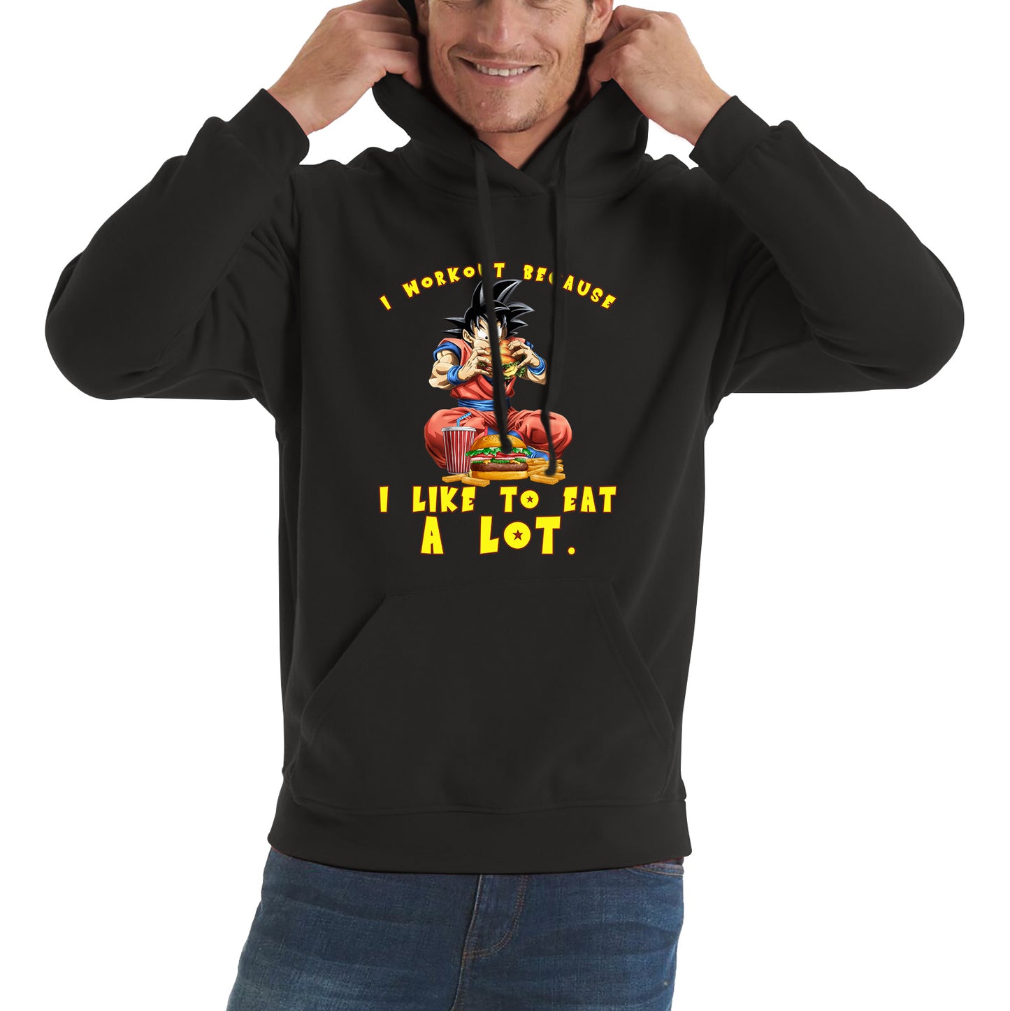I Workout Because I Like To Eat A Lot Goku Eating A Hamburger Dragon Ball Anime Gym Bodybuilding Workout Unisex Hoodie