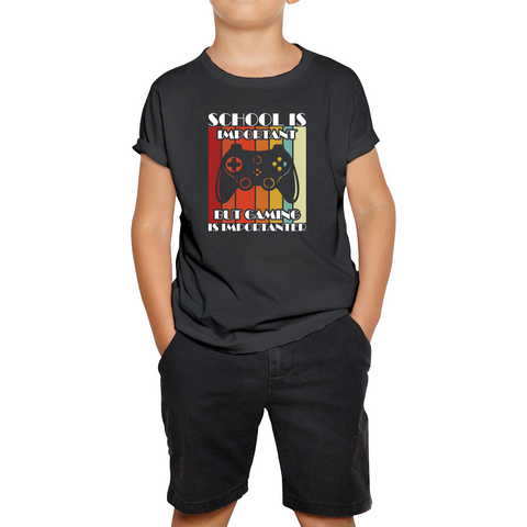 School Is Important But Gaming Is Importanter Vintage Gaming Controller Funny Gamer Kids Tee