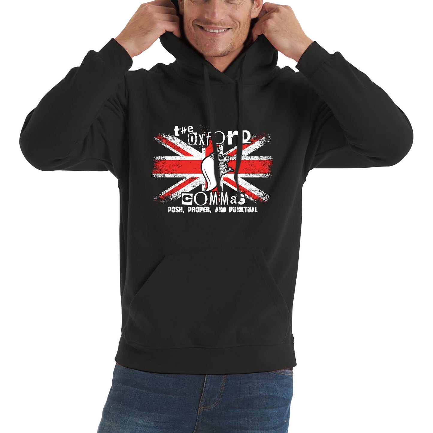 The Oxford Commas Push, Proper and Punktual Funny Grammar UK Flag Unisex Hoodie