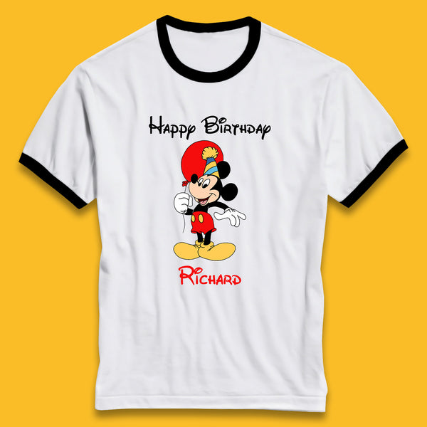 Personalised Happy Birthday Disney Mickey Mouse Your Name Cute Cartoon Character Disney Birthday Theme Party Ringer T Shirt