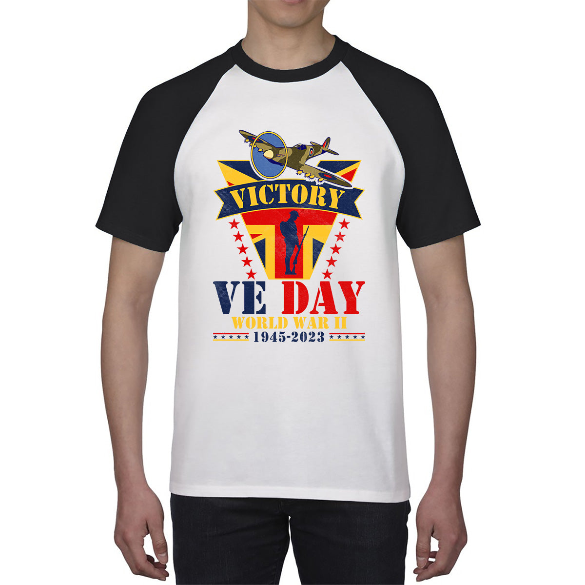 VE Day Victory In Europe  End Of World War II 1945-2023 Anniversary Remembrance Day Soldier Spitfire British Fighter Aircraft UK Flag Baseball T Shirt