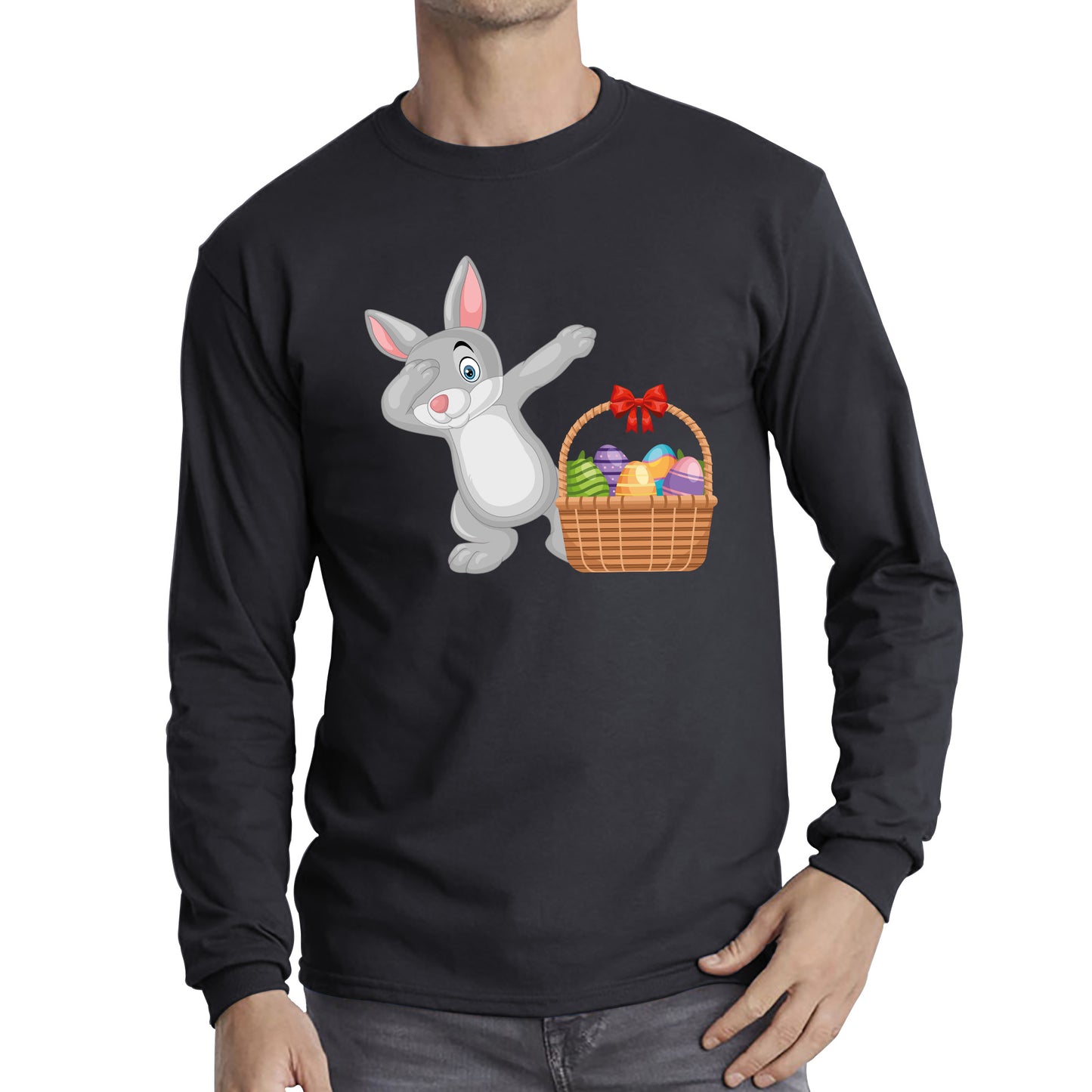 Dabbing Bunny With Eggs Basket Happy Easter Day Cute Rabbit Bunny Easter Day Long Sleeve T Shirt