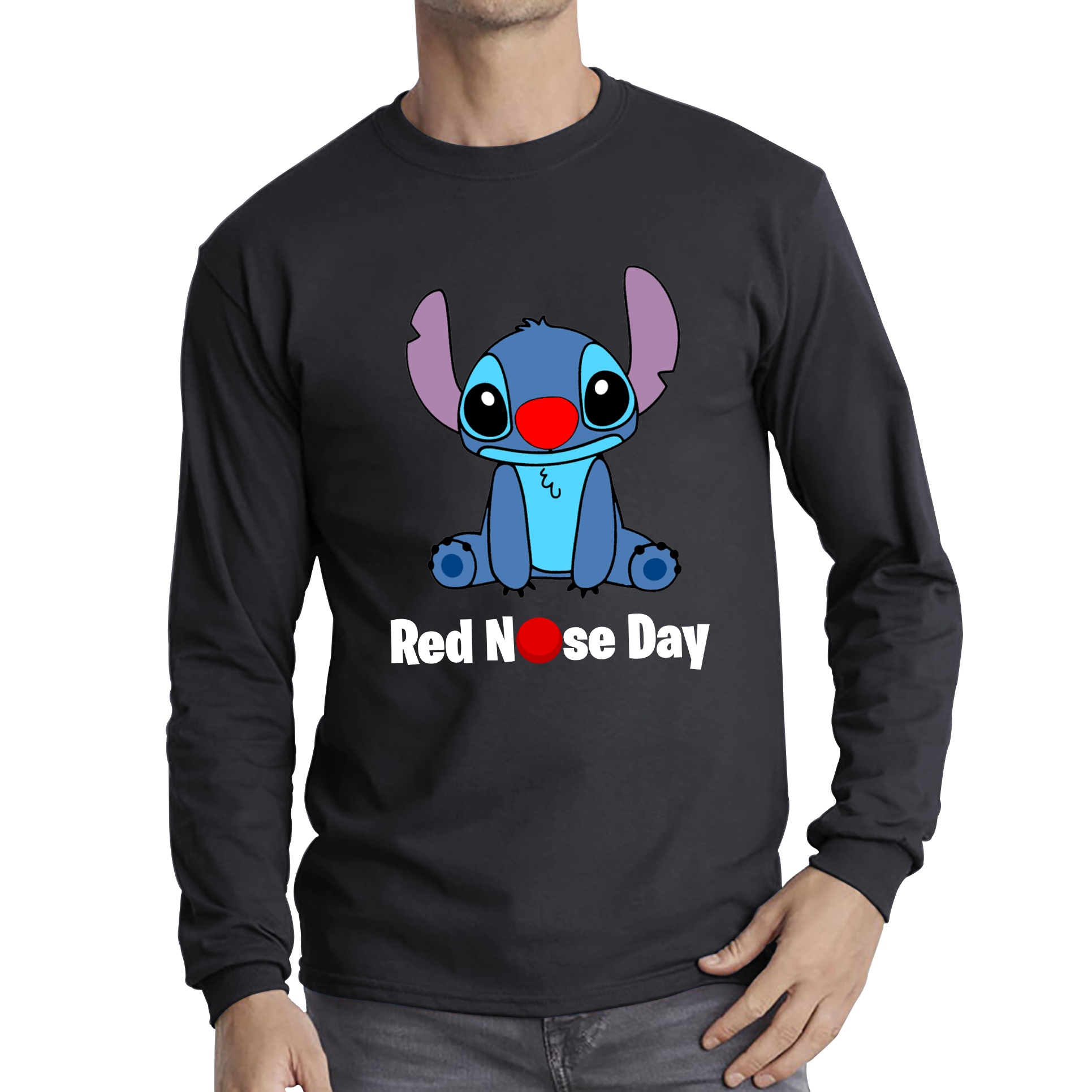 Ohana Disney Stitch Red Nose Day Adult Long Sleeve T Shirt. 50% Goes To Charity