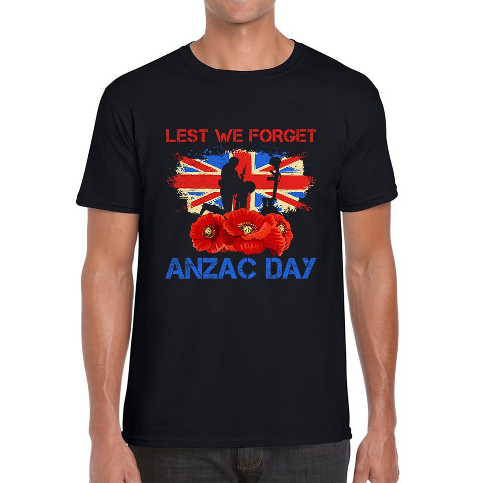 Poppy Lest We Forget Anzac Day Remembrance Day Kneeling Soldier World War I Mens Tee Top