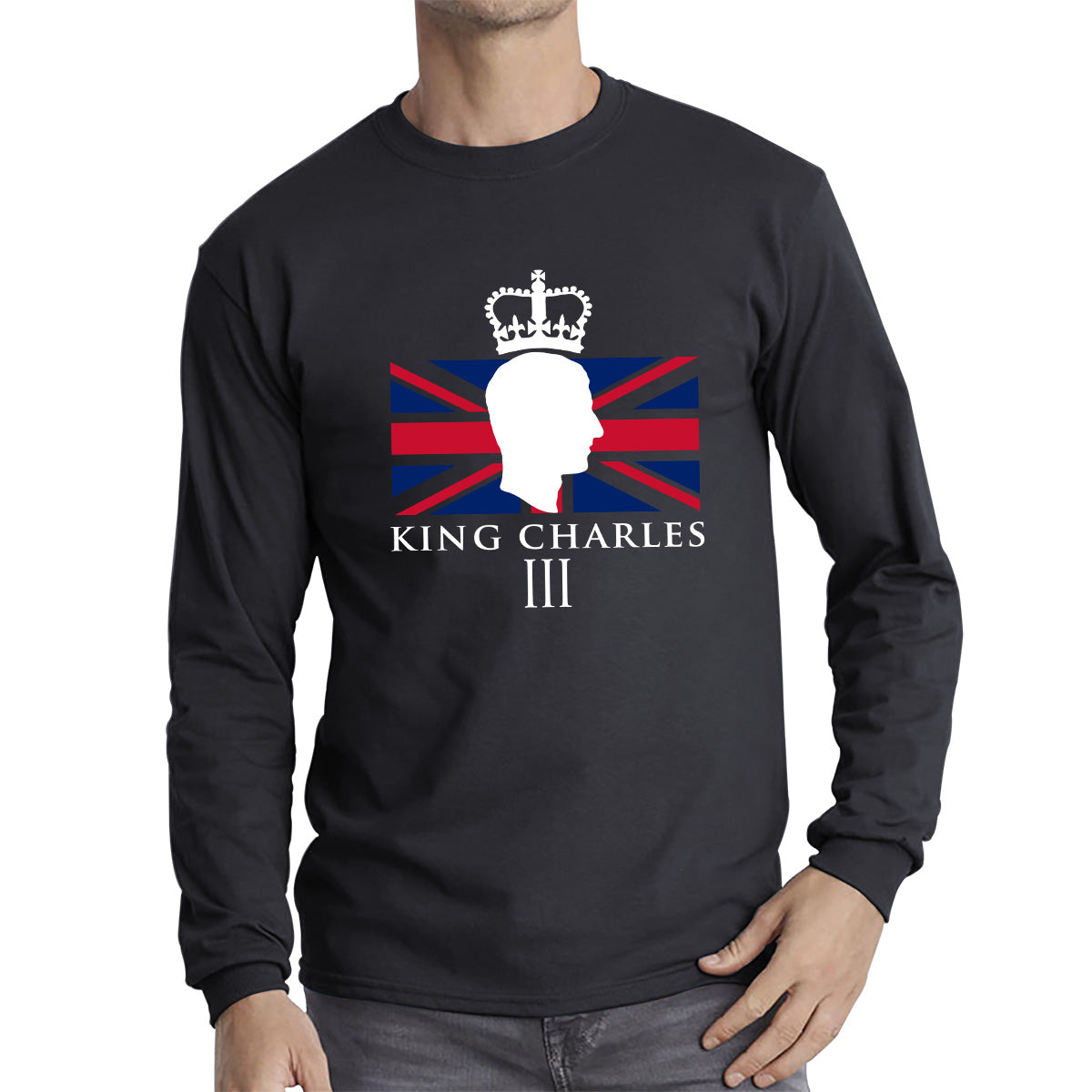 King Charles III Coronation British Flag CR III Royal Crown His Majesty Union Jack Great Britain Long Sleeve T Shirt