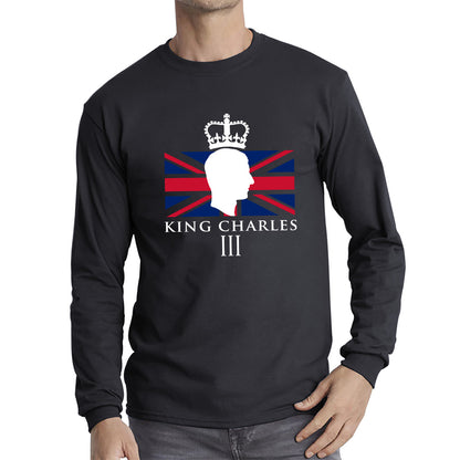 King Charles III Coronation British Flag CR III Royal Crown His Majesty Union Jack Great Britain Long Sleeve T Shirt
