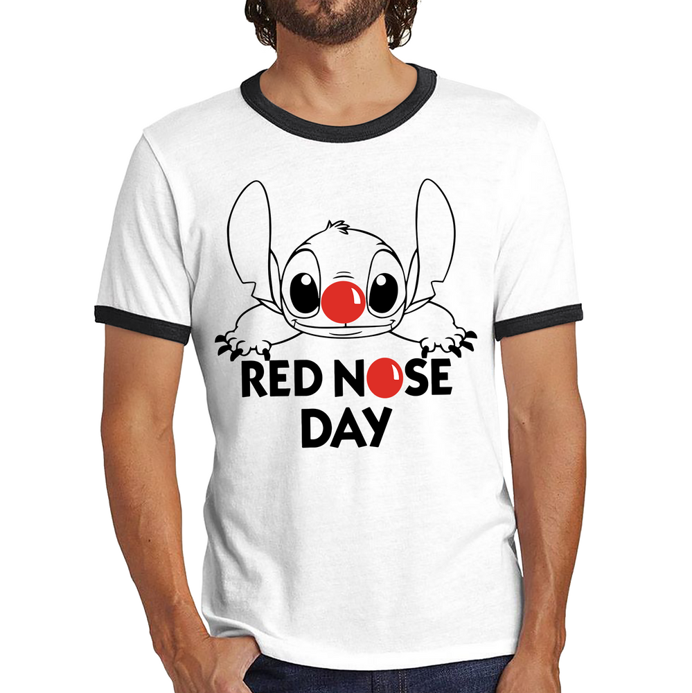 Red Nose Day Funny Ohana Disney Stitch Ringer T Shirt. 50% Goes To Charity