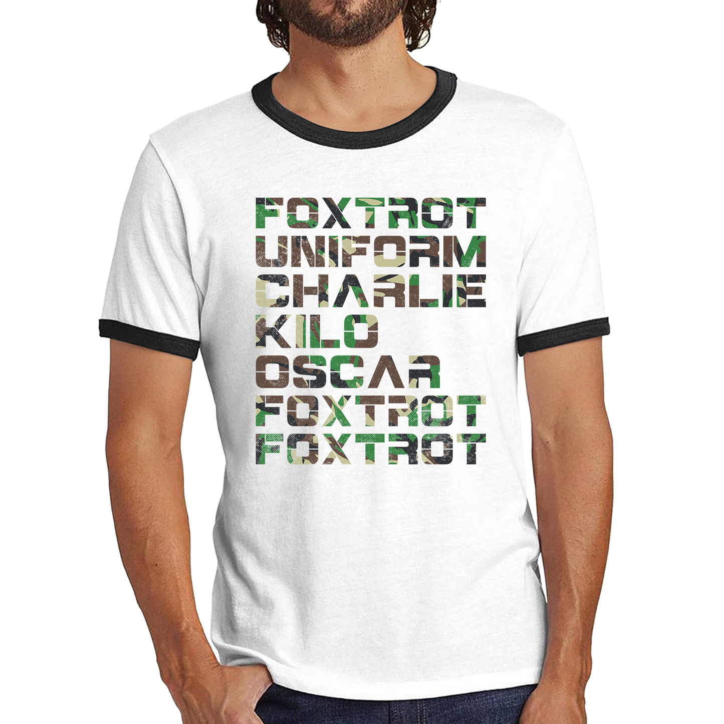 Foxtrot Uniform Charlie Kilo Oscar Foxtrot Camo Fitness Phonetic Alphabet Military Ringer T Shirt