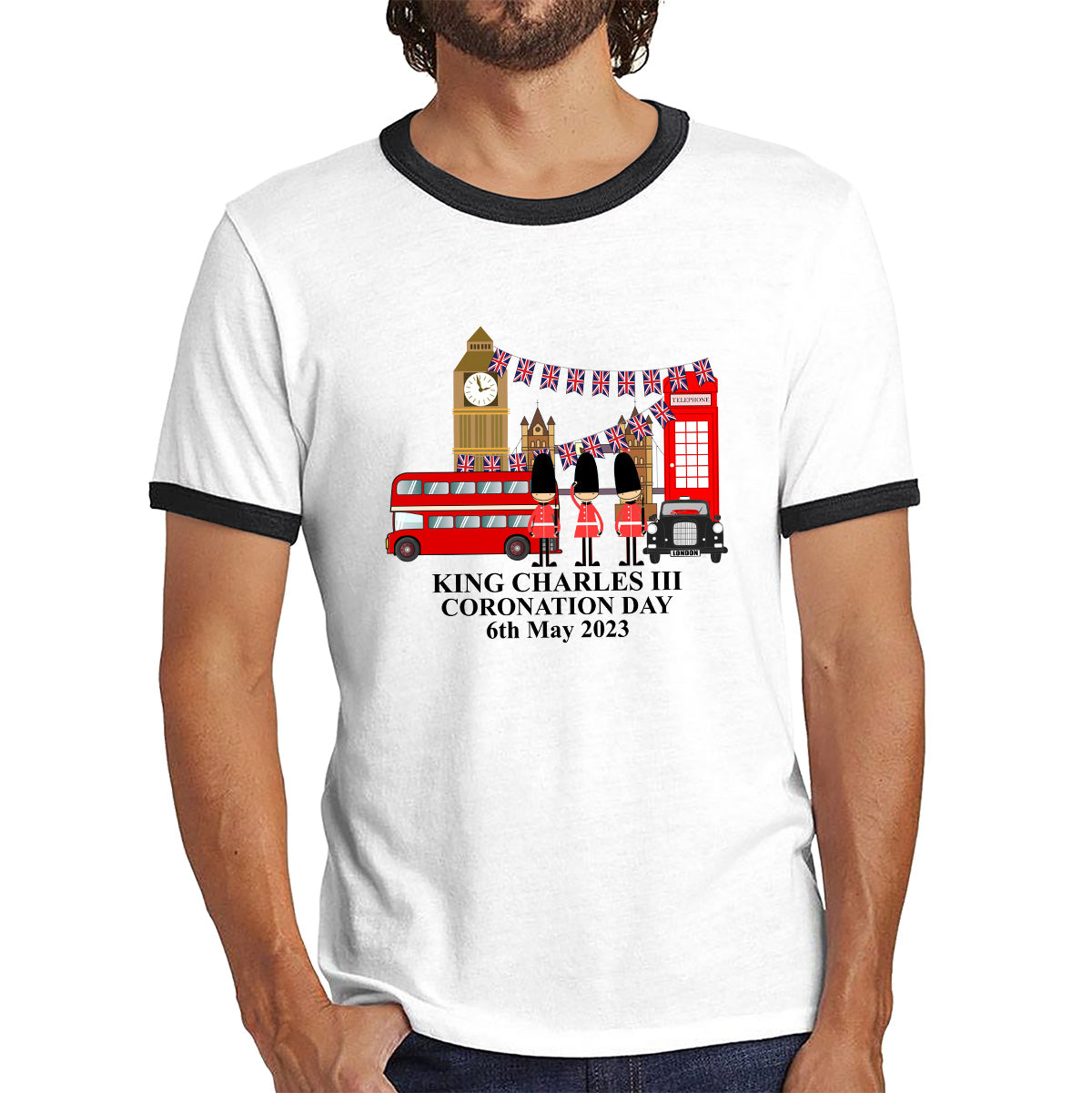 King Charles III Coronation Day 6th May 2023 Great Britain Big Ben Tower Telephone Booth And Red Bus London England Flag Ringer T Shirt