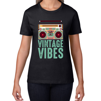 Boombox Vintage Vibes Old School Music Retro Cassette Tape Player Womens Tee Top
