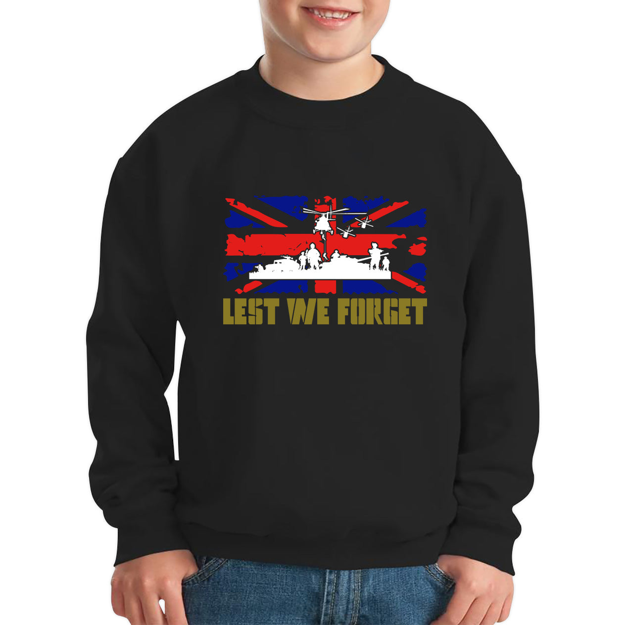 UK Flag British Armed Forces Day Lest We Forget Remembrance Day Veterans Day WWI Poppy Flower Kids Jumper