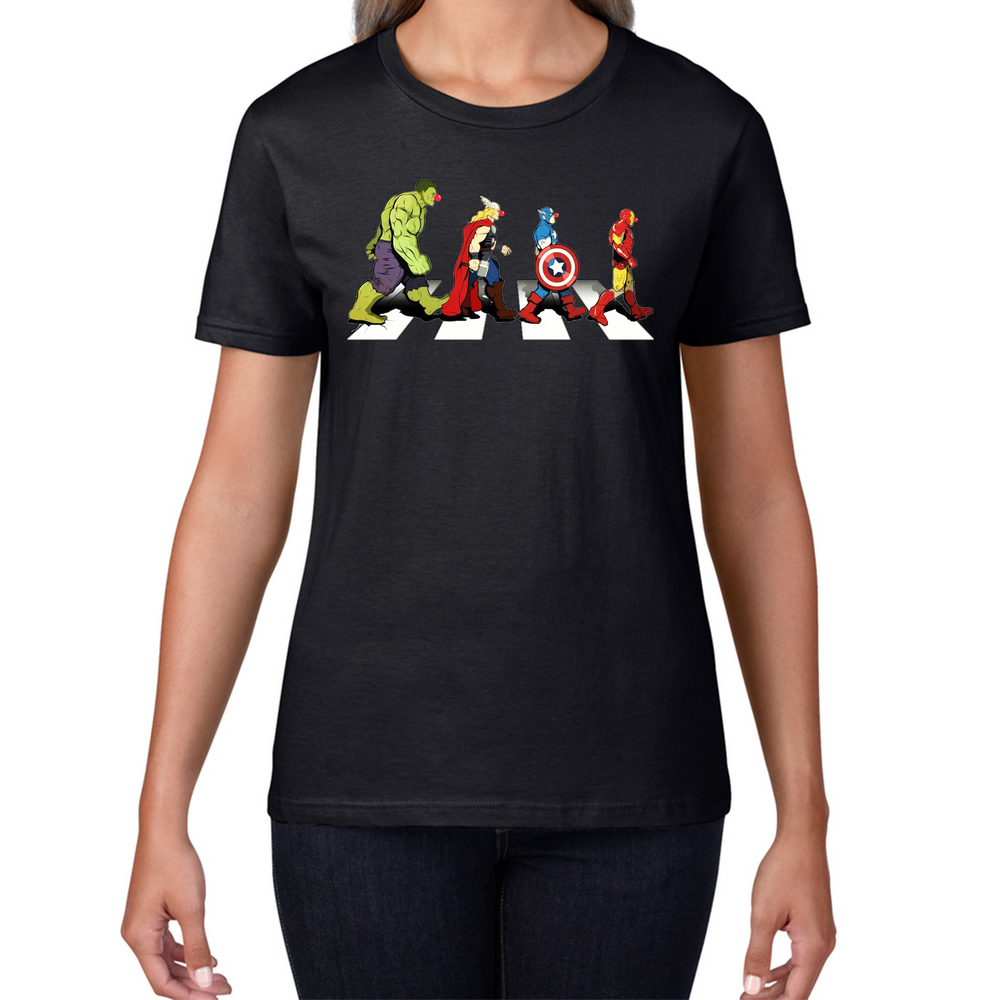 Hulk Thor Captain America Iron Man Marvel Avengers Abbey Road Red Nose Day Ladies T Shirt. 50% Goes To Charity