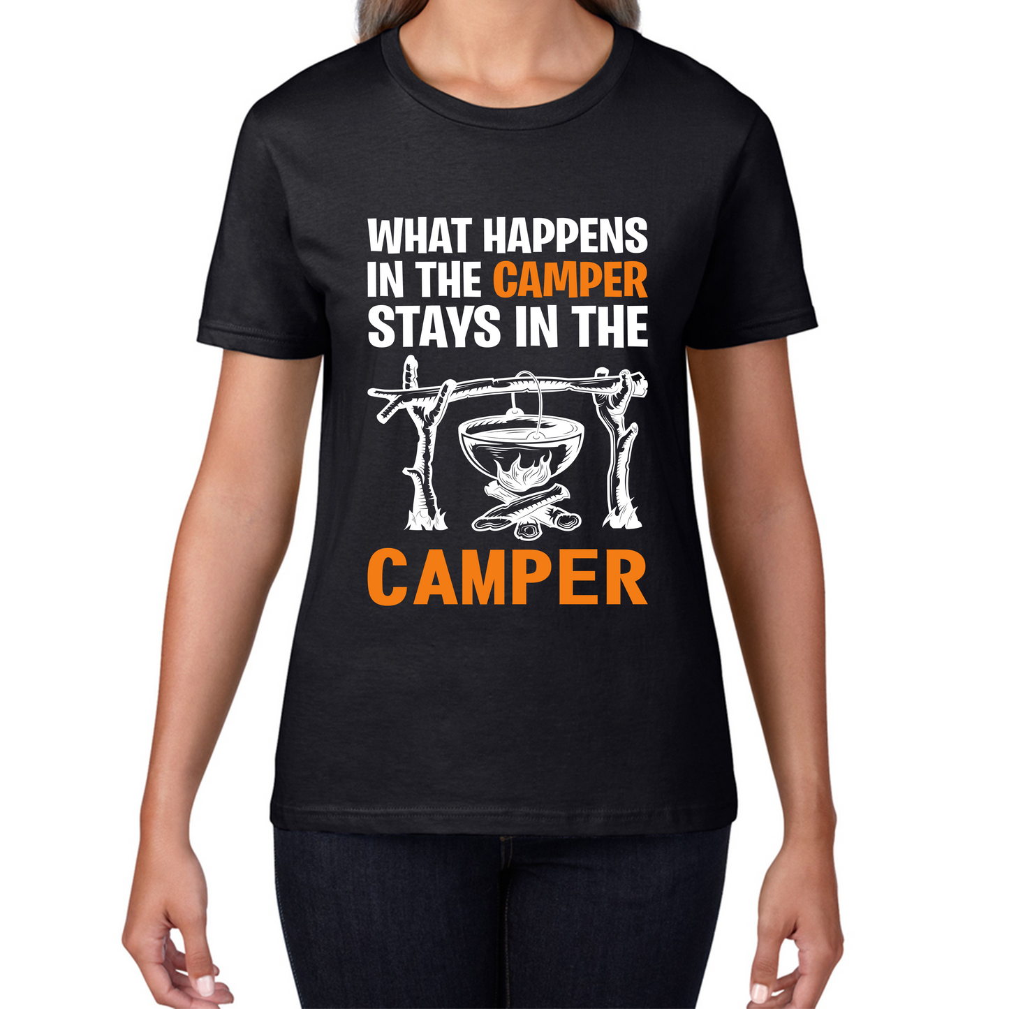 What Happens In The Camper Stays In The Camper Funny Camping Camper Adventure Lover Womens Tee Top