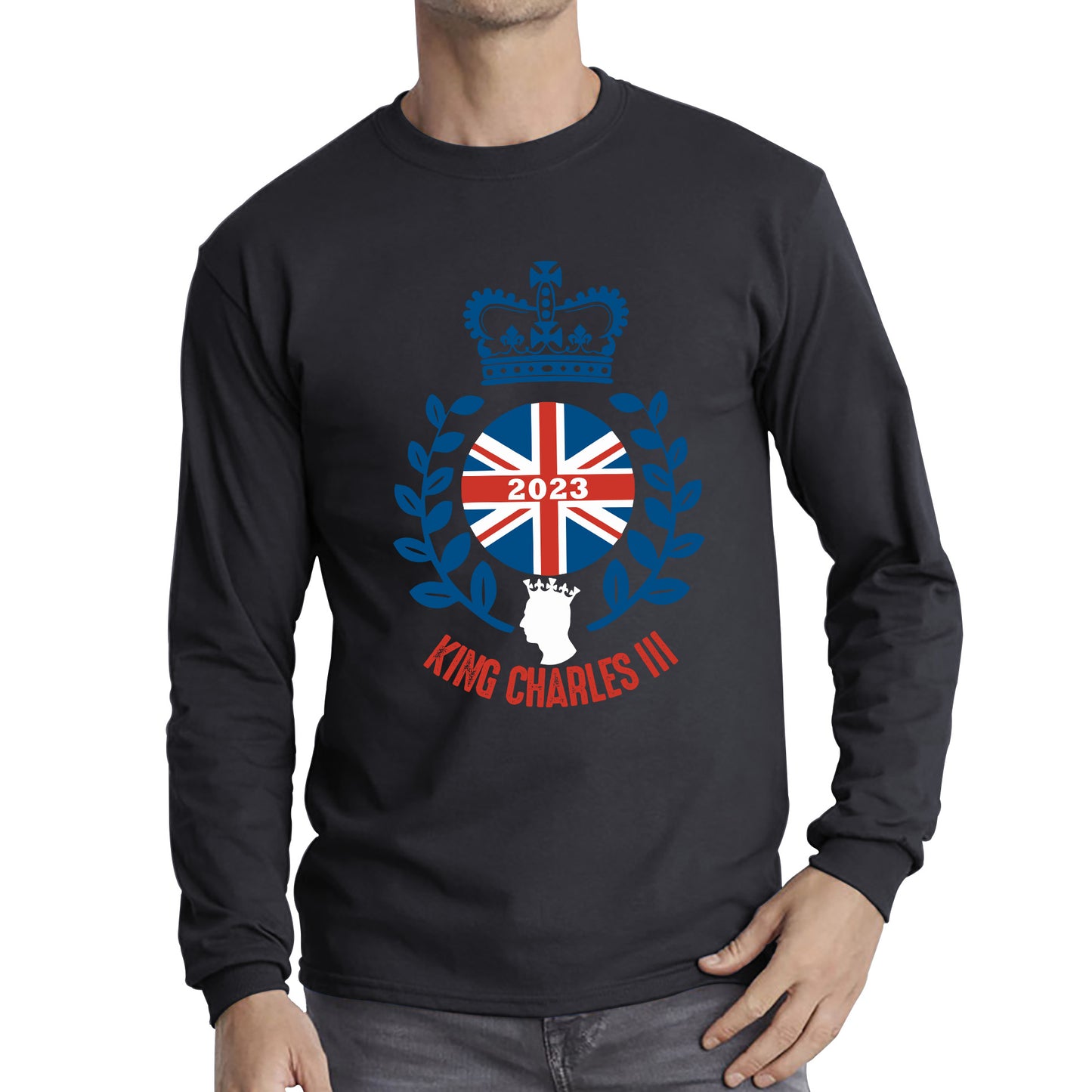 King Charles III Coronation 2023 British United Kingdom Uk Flag CR III Royal Crown His Majesty Union Jack Great Britain Long Sleeve T Shirt
