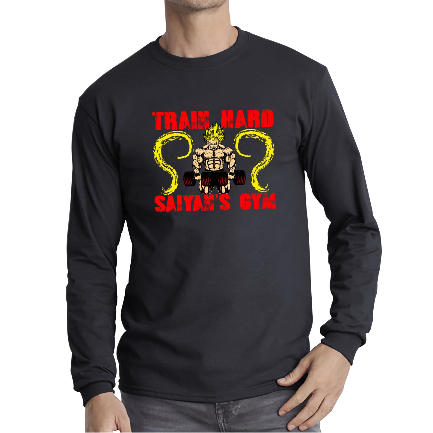 Train Hard Saiyan's Gym Dragon Ball Z Super Saiyan Goku Gym Training Musculation Dumbells Bodybuilding Workout Long Sleeve T Shirt