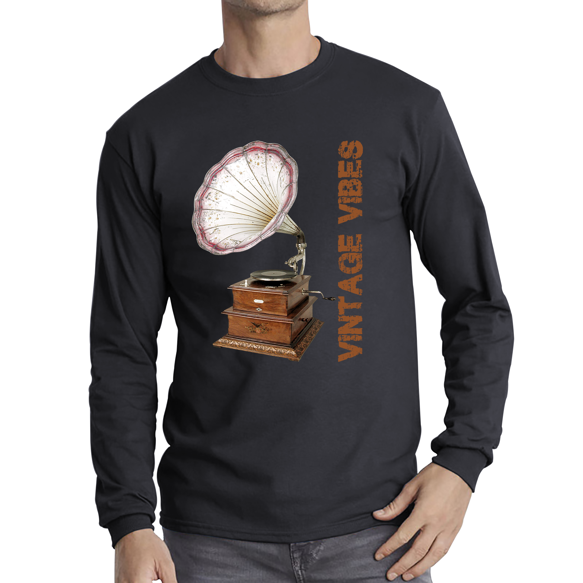 Gramophone Vintage Vibes Record Player Antique Trumpet Horn Turntable Phonograph Music Equipment Retro Long Sleeve T Shirt
