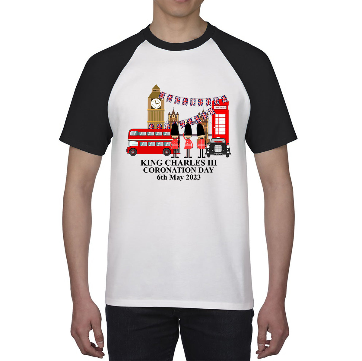 King Charles III Coronation Day 6th May 2023 Great Britain Big Ben Tower Telephone Booth And Red Bus London England Flag Baseball T Shirt
