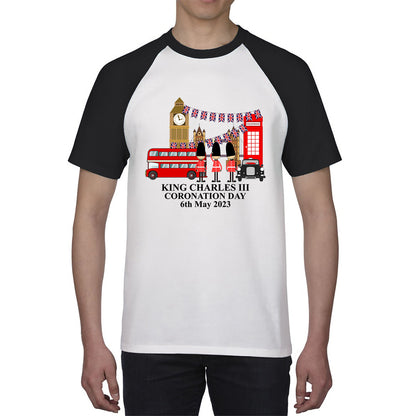 King Charles III Coronation Day 6th May 2023 Great Britain Big Ben Tower Telephone Booth And Red Bus London England Flag Baseball T Shirt