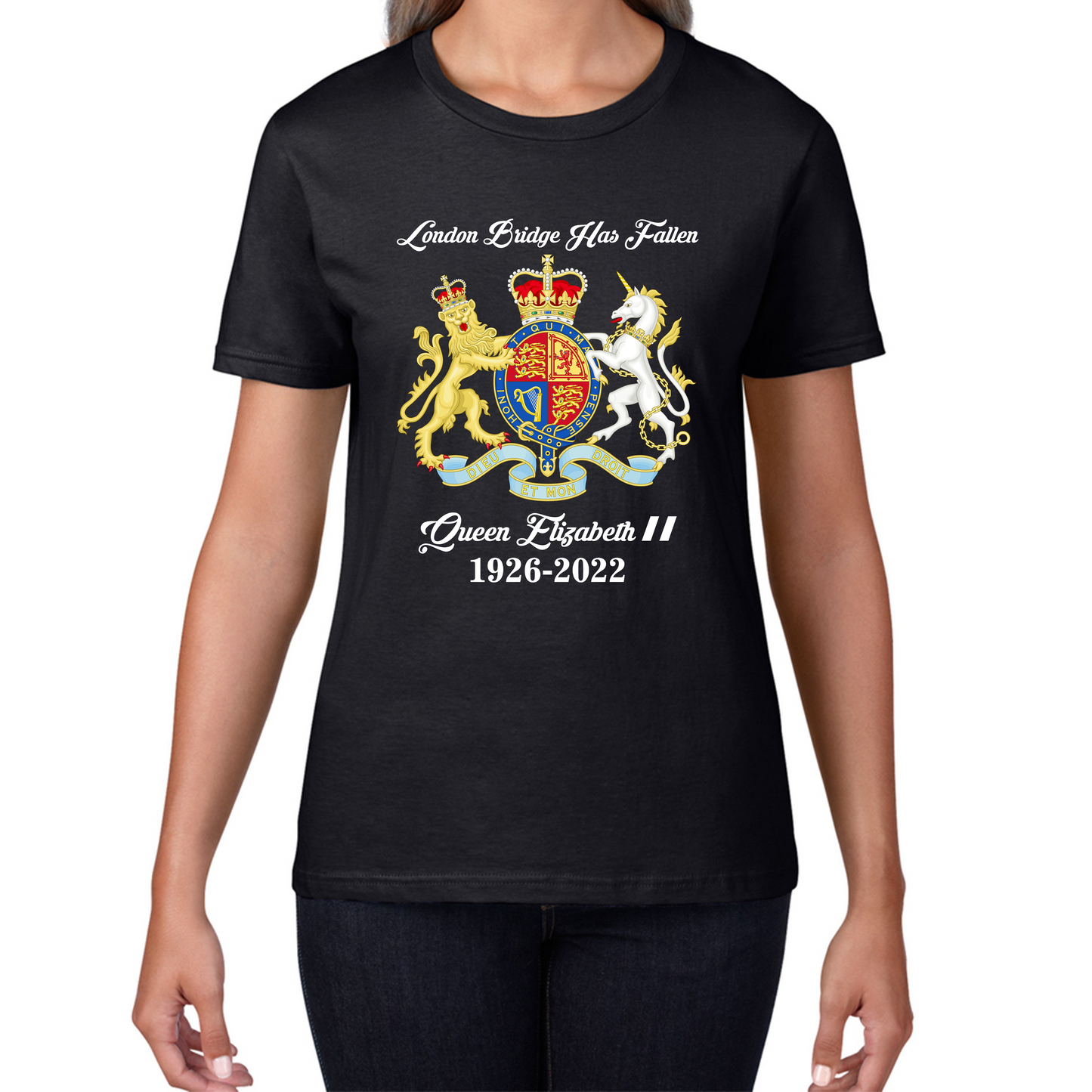 London Bridge Has Fallen Queen Elizabeth II Union Jack Queen's Crown Womens Tee Top