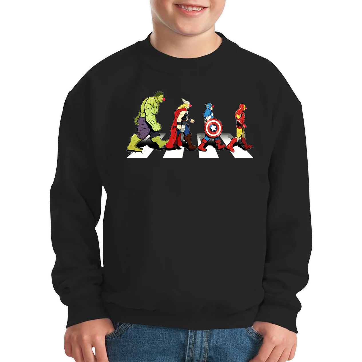 Hulk Thor Captain America Iron Man Marvel Avengers Abbey Road Red Nose Day Kids Sweatshirt. 50% Goes To Charity