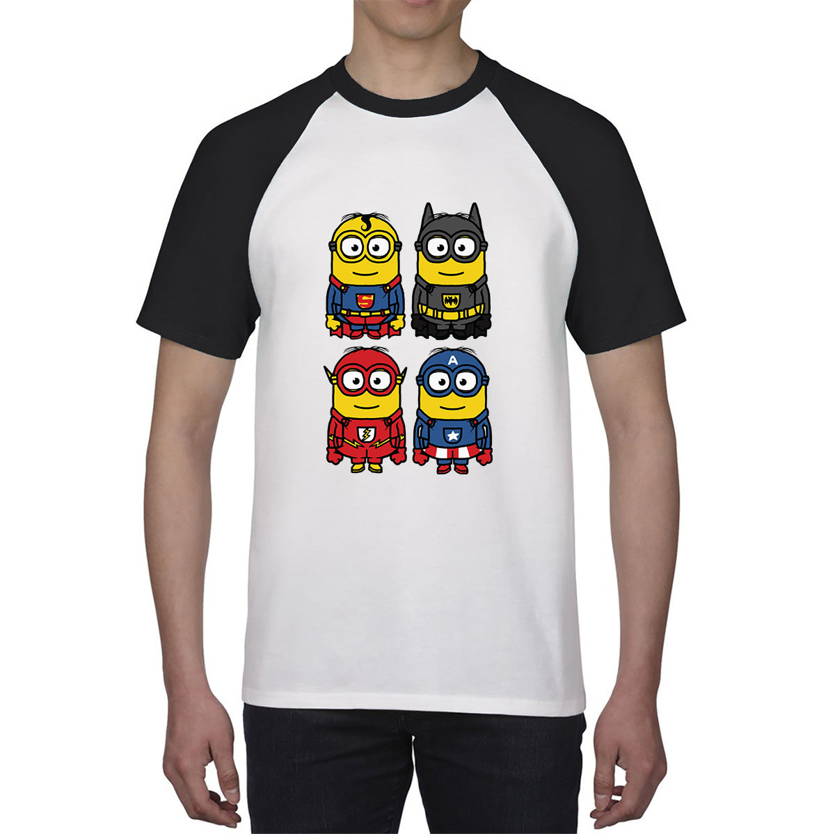 The 4 Minions Heros Super Minions Captain America Batman Superman Riddler The Flash Dc Minions Parody Pop Art Baseball T Shirt