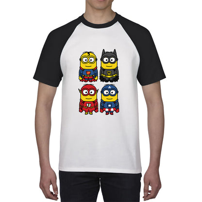 The 4 Minions Heros Super Minions Captain America Batman Superman Riddler The Flash Dc Minions Parody Pop Art Baseball T Shirt