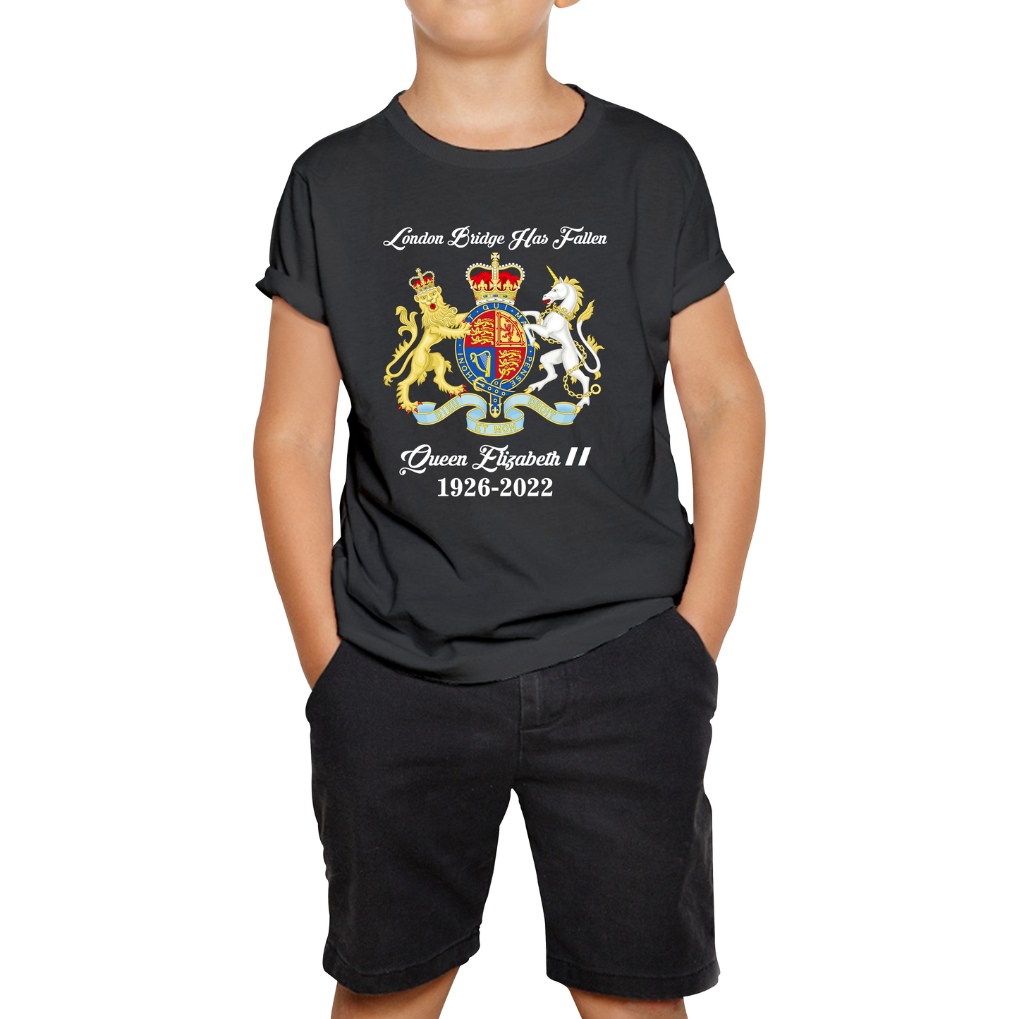 London Bridge Has Fallen Queen Elizabeth II Union Jack Queen's Crown Kids Tee