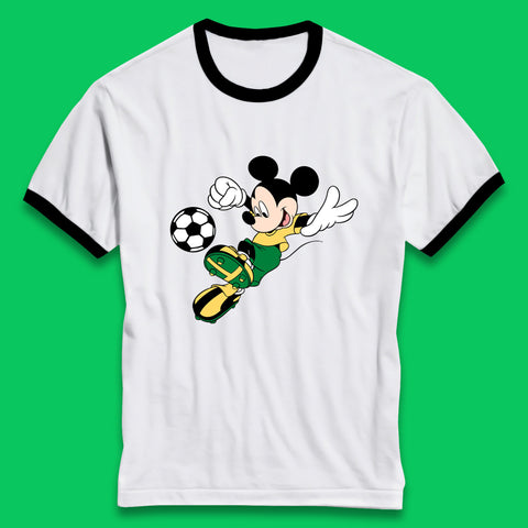 Mickey Mouse Kicking Football Soccer Player Disney Cartoon Mickey Soccer Player Football Team Ringer T Shirt