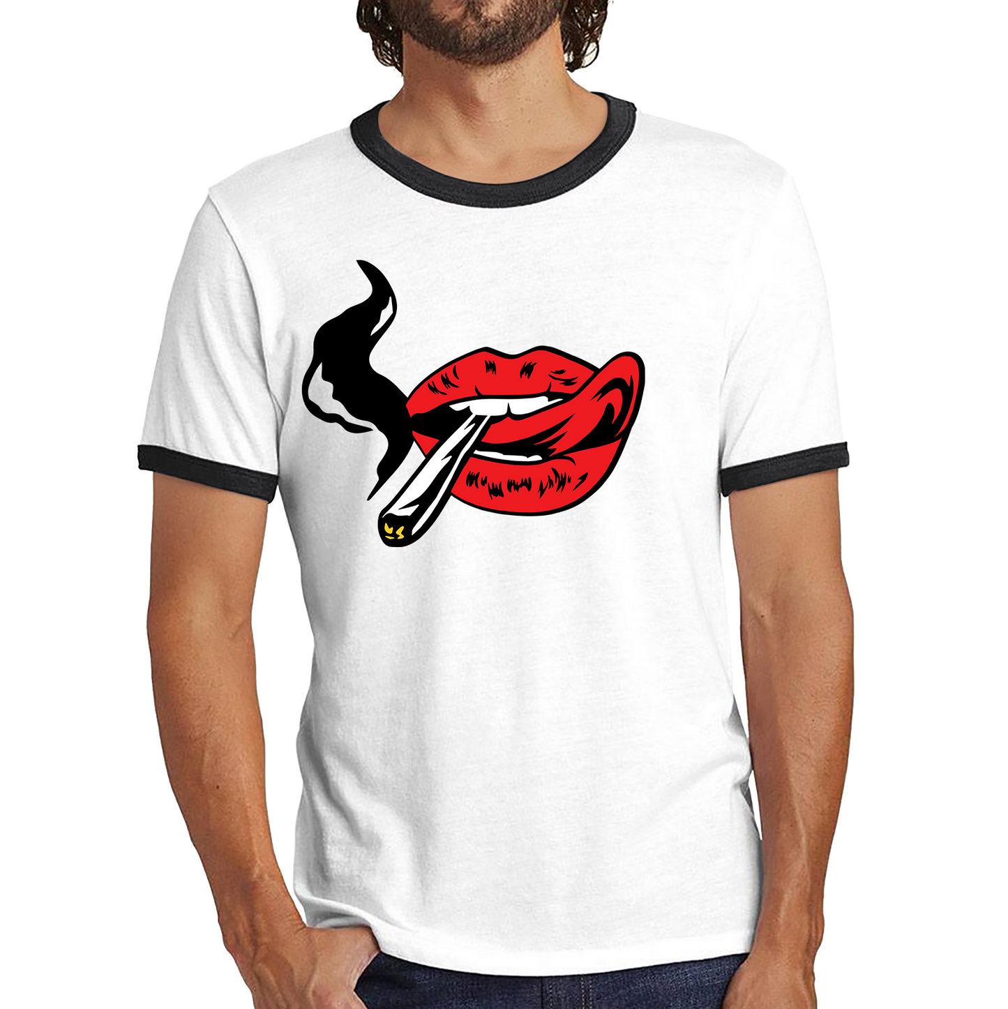 Lips Spliff Zoot Ganja Weed Smoking Pop Art Red Lady Lips Weed Marijuana Stoner Smoking Joint Ringer T Shirt