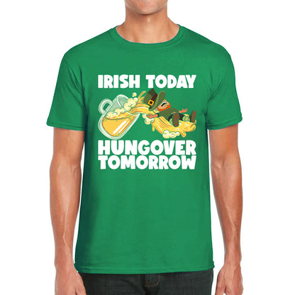 Irish Today Hungover Tomorrow Leprechaun Sliding Down On Beer Into Glass St. Patrick's Day Irish Drinking Mens Tee Top