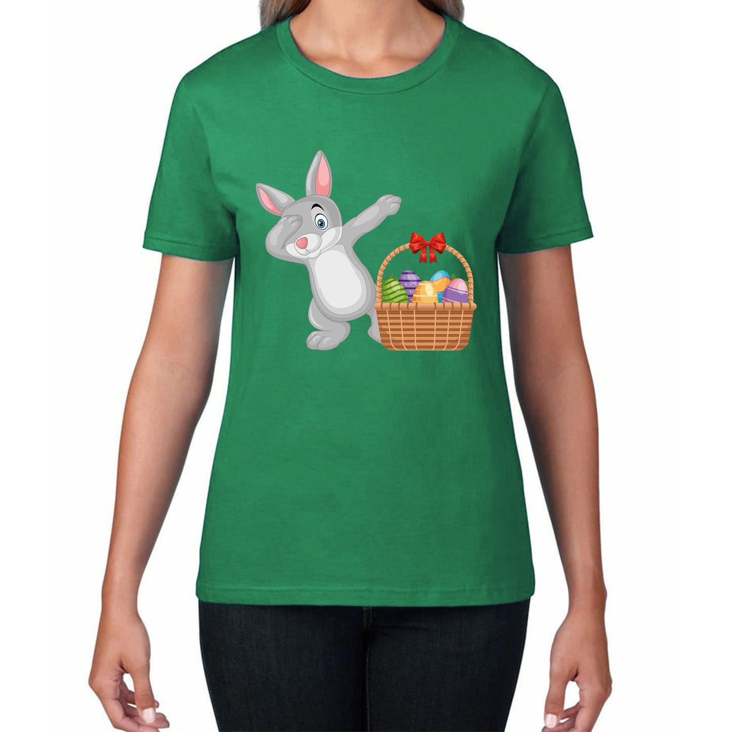 Dabbing Bunny With Eggs Basket Happy Easter Day Cute Rabbit Bunny Easter Day Womens Tee Top