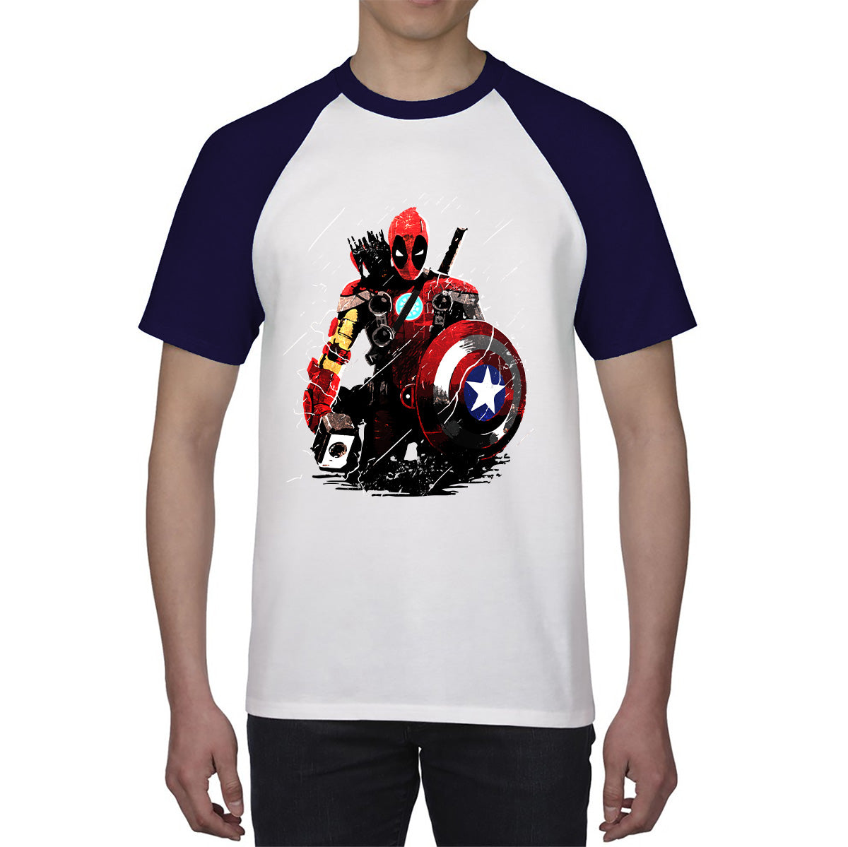 Deadpool With All Marvel Superhero Weapons Captain America, Spired-man, Iron Man, Deadpool, Thor, And Hawkeye Baseball T Shirt