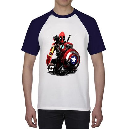 Deadpool With All Marvel Superhero Weapons Captain America, Spired-man, Iron Man, Deadpool, Thor, And Hawkeye Baseball T Shirt