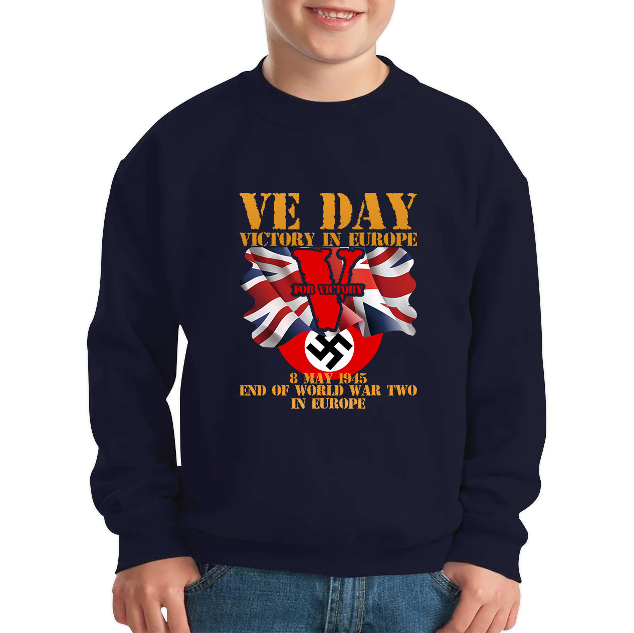 VE Day Victory In Europe End Of World War II Victory Day Armed Forces Veterans 8 May 78th Anniversary Kids Jumper