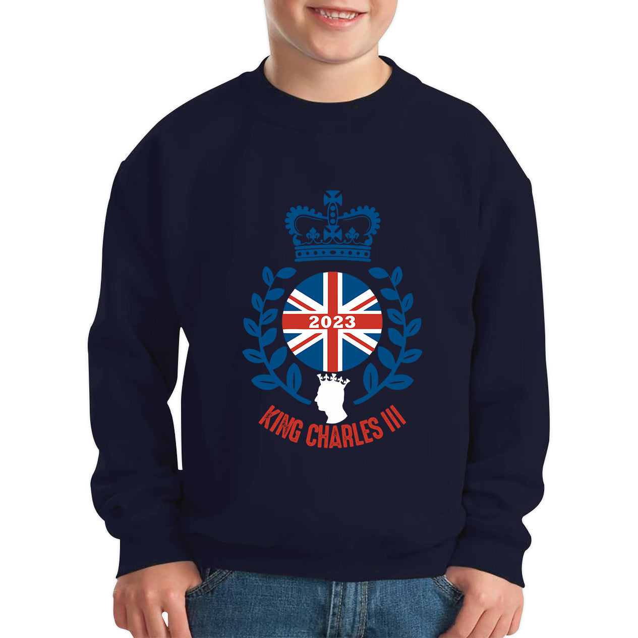 King Charles III Coronation 2023 British United Kingdom Uk Flag CR III Royal Crown His Majesty Union Jack Great Britain Kids Jumper
