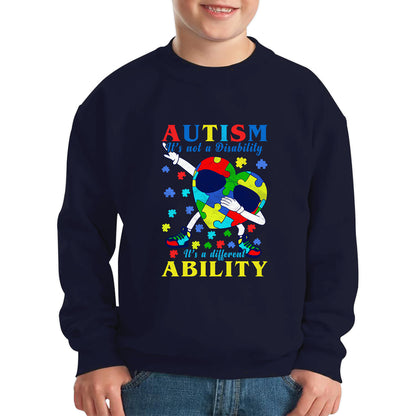 Autism It's Not A Disability Dabbing Autism Heart With Glasses Autism Awareness Puzzle Piece Dab Dance Kids Jumper