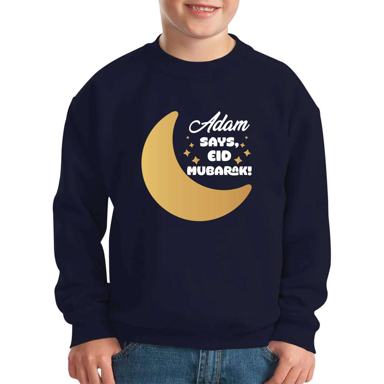 Personalised Your Name Says Eid Mubarak Moon Islamic Blessed Festive Celebration Religious Holy Month Kids Jumper