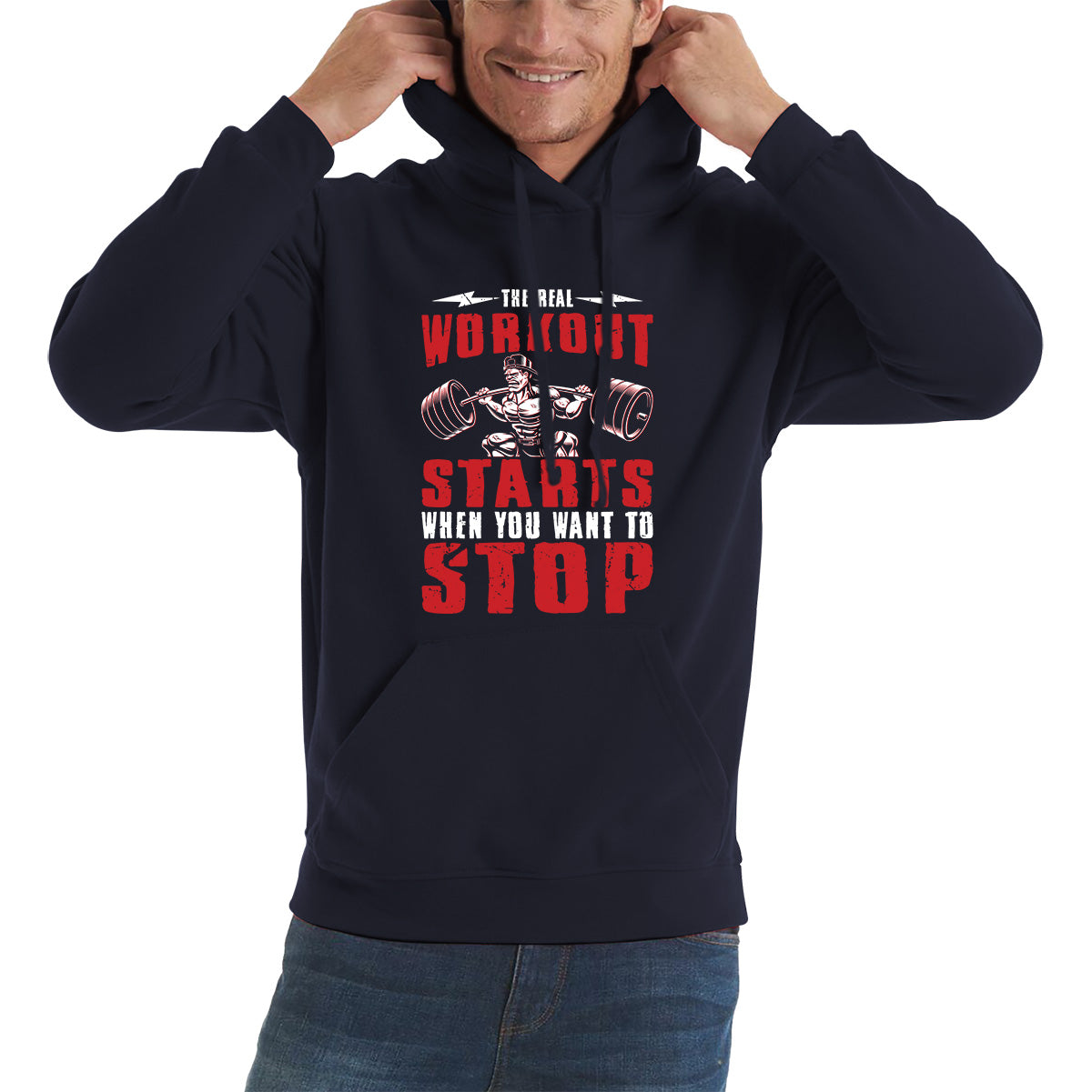 The Real Workout Starts When You Want To Stop Gym Workout Fitness Power Lifting Motivational Quote Unisex Hoodie