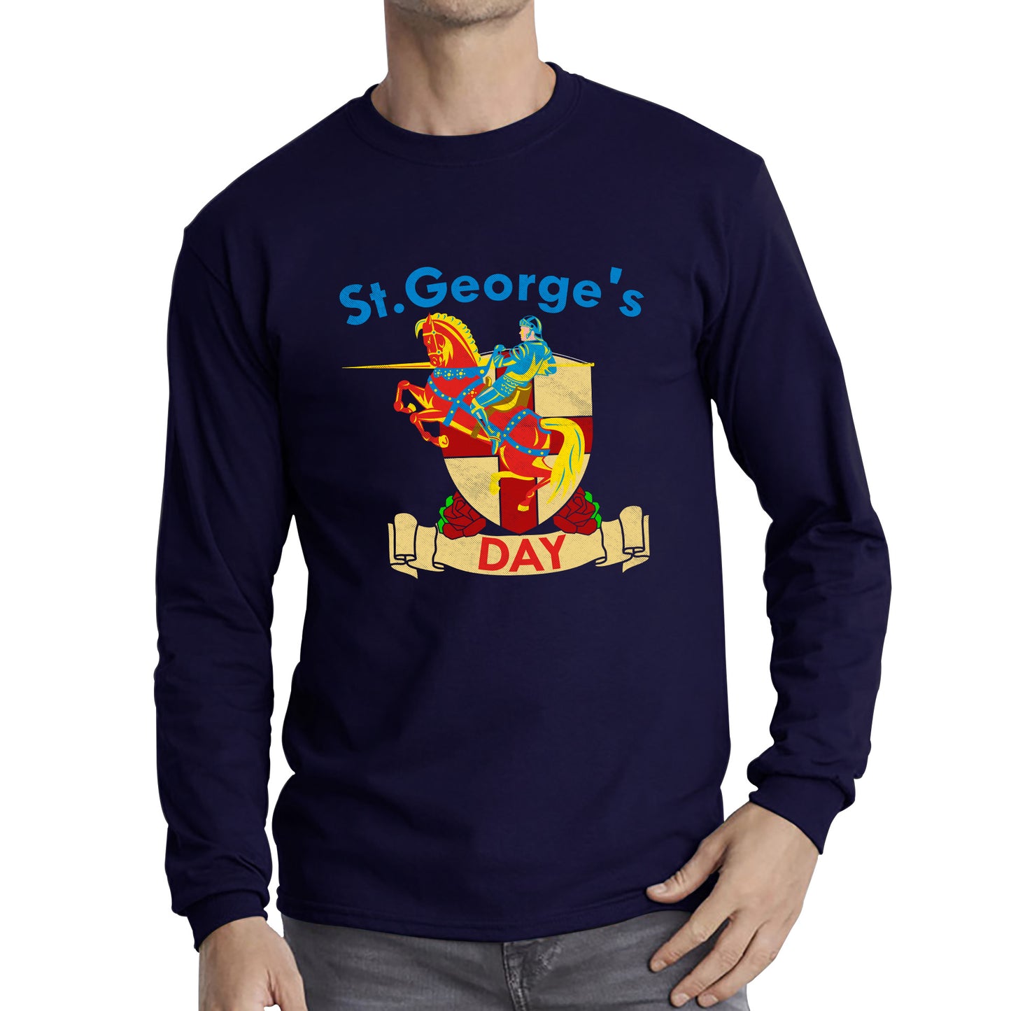 St George's Day England Red Flag Shield Knight Templar Riding His Rearing Horse London Saint George Day Warrior Fighter Patriotic Long Sleeve T Shirt
