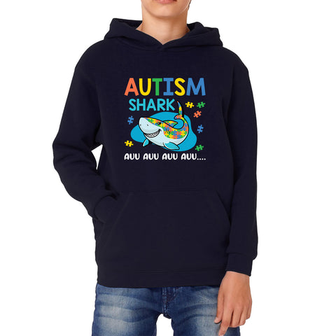 Autism Shark Auu Auu Auu Autism Awareness Month Autistic Support Puzzle Piece Kids Hoodie