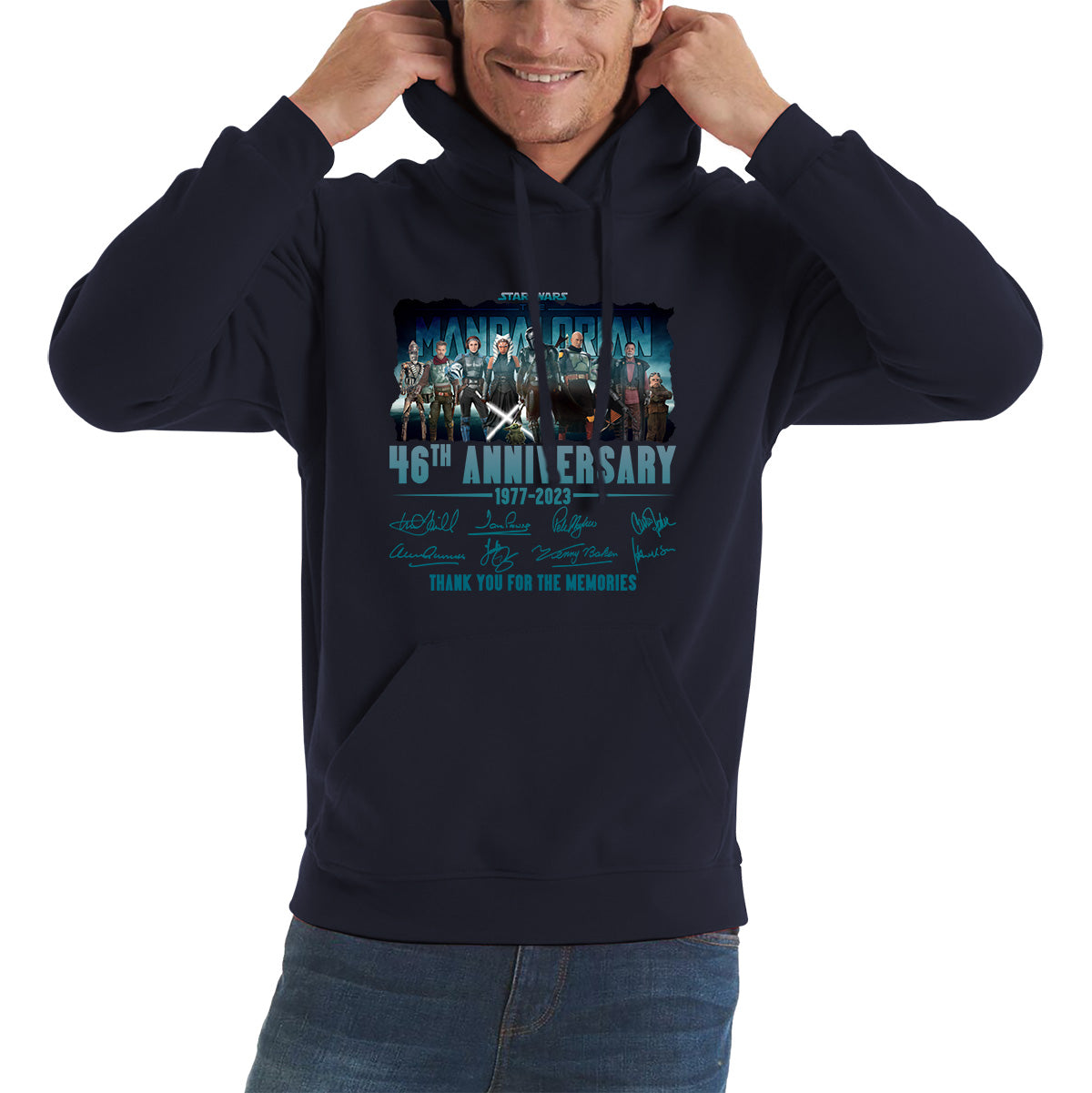 Disney Star Wars Day 46th Anniversary 1977-2023 The Mandalorian Characters Signatures Thank You For The Memories Unisex Hoodie