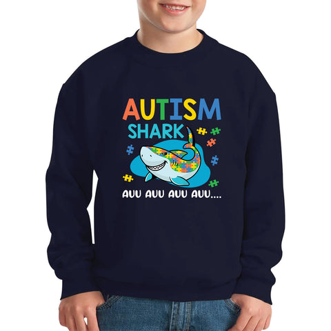 Autism Shark Auu Auu Auu Autism Awareness Month Autistic Support Puzzle Piece Kids Jumper