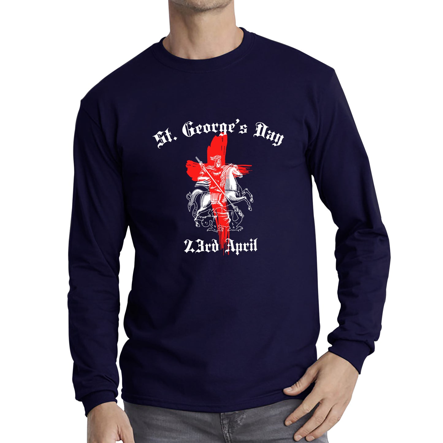 St George's Day 2023 England Flag Cross Knights Templar & Horse London Saint George Day Warrior Fighter Patriotic Long Sleeve T Shirt