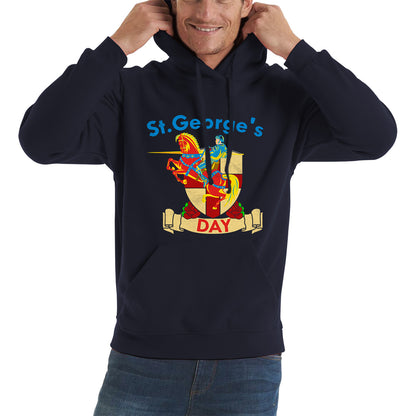 St George's Day England Red Flag Shield Knight Templar Riding His Rearing Horse London Saint George Day Warrior Fighter Patriotic Unisex Hoodie