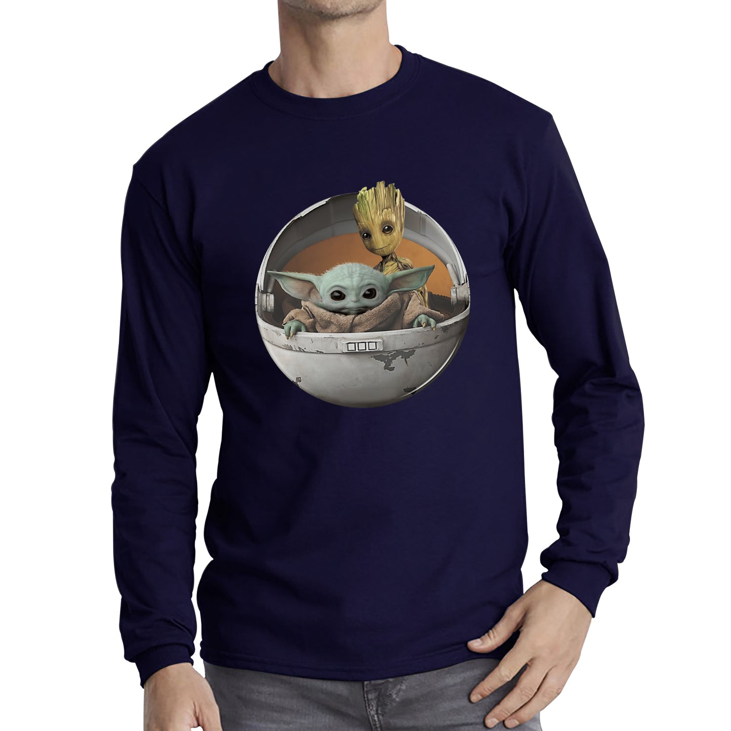 Grogu Baby Yoda And Baby Groot The Mandalorian Disney Star Wars Child In Hover Pod Pram Disney Star Wars Day 46th Anniversary Long Sleeve T Shirt