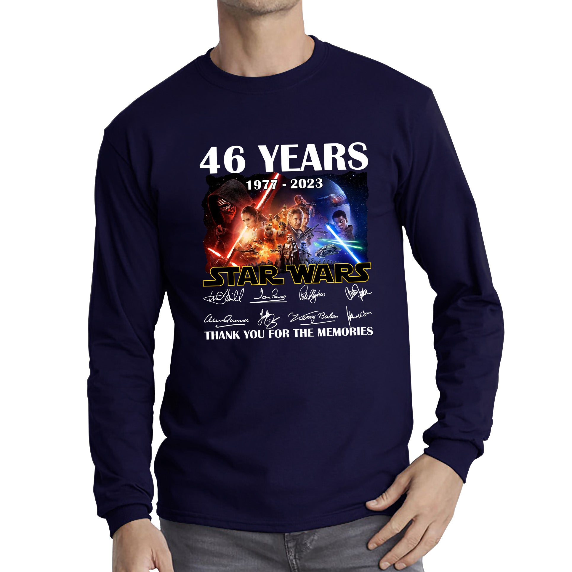 Disney Star Wars Day 46th Anniversary 1977-2023 The Force Awakens Characters Signatures Thank You For The Memories Long Sleeve T Shirt